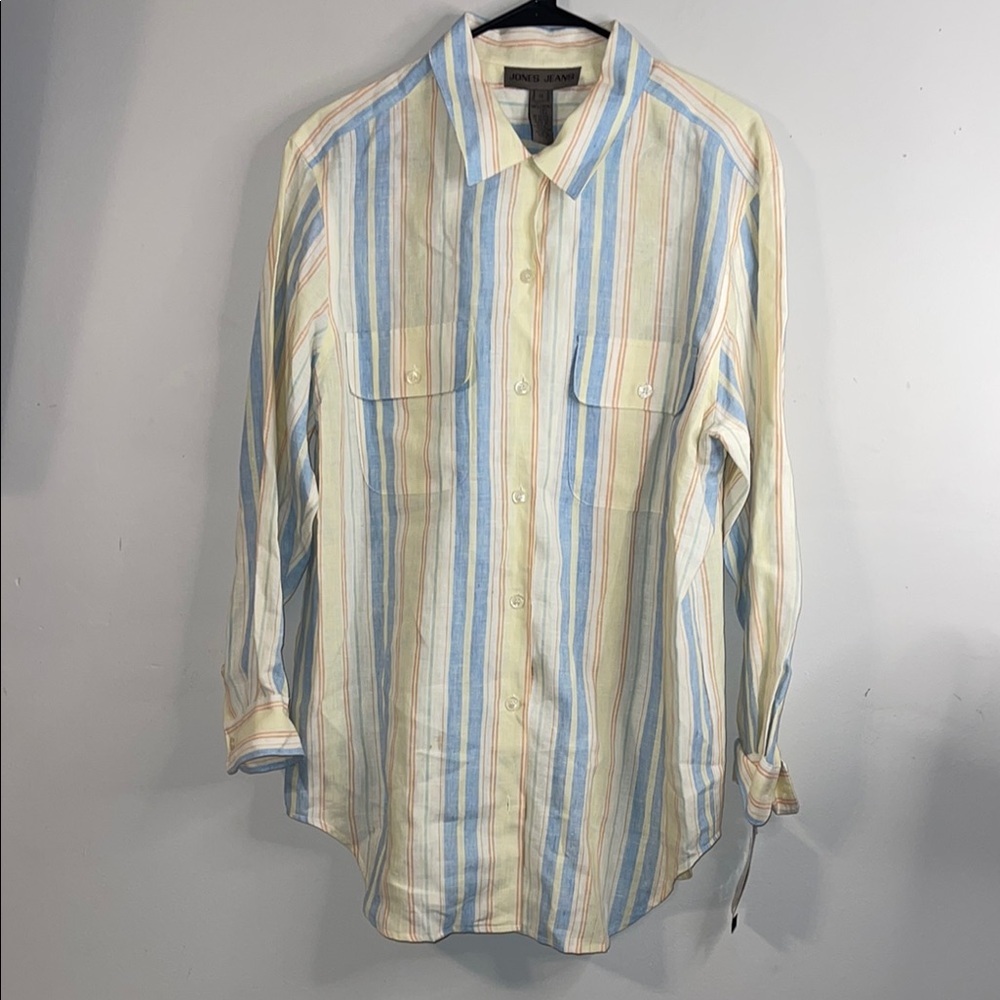 Jones Jeans Vintage 90s Pastel Striped Linen Button Down Blouse 1X #273